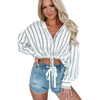 Damenmode, lässig, Frühling und Herbst, Streifendruck, langärmelig, V-Ausschnitt, Blusen und Hemden
