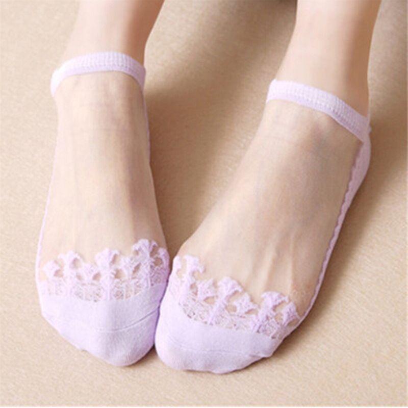 Classic Appeal Women Colors Sexy Ultra-thin Elastic Silky Short Silk Lace Invisible Socks In 7 Colors