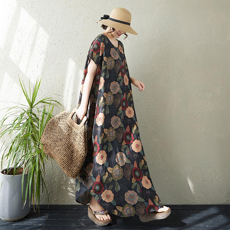 DIMANAF New 2026 Women Plus Size Summer Beach Lady Long Black Dress Loose Oversize Maxi Floral Print Sundress Clothing