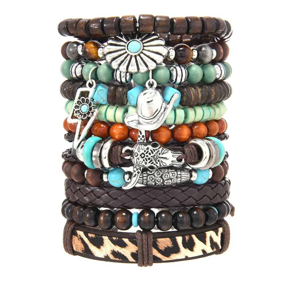 Leather Bracelets for Men Women Handmade Wrap Woven Cuff Bracelets Wooden Beaded Bracelets Vintage Ethnic Tribal Wristbands Bracelet Set Adjustable