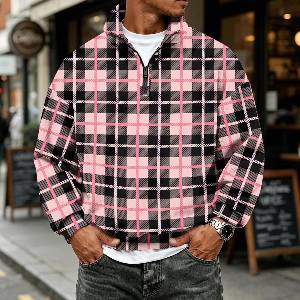 Men's Plaid Quarter-Zip Long Sleeve Flannel Sweatshirt Casual