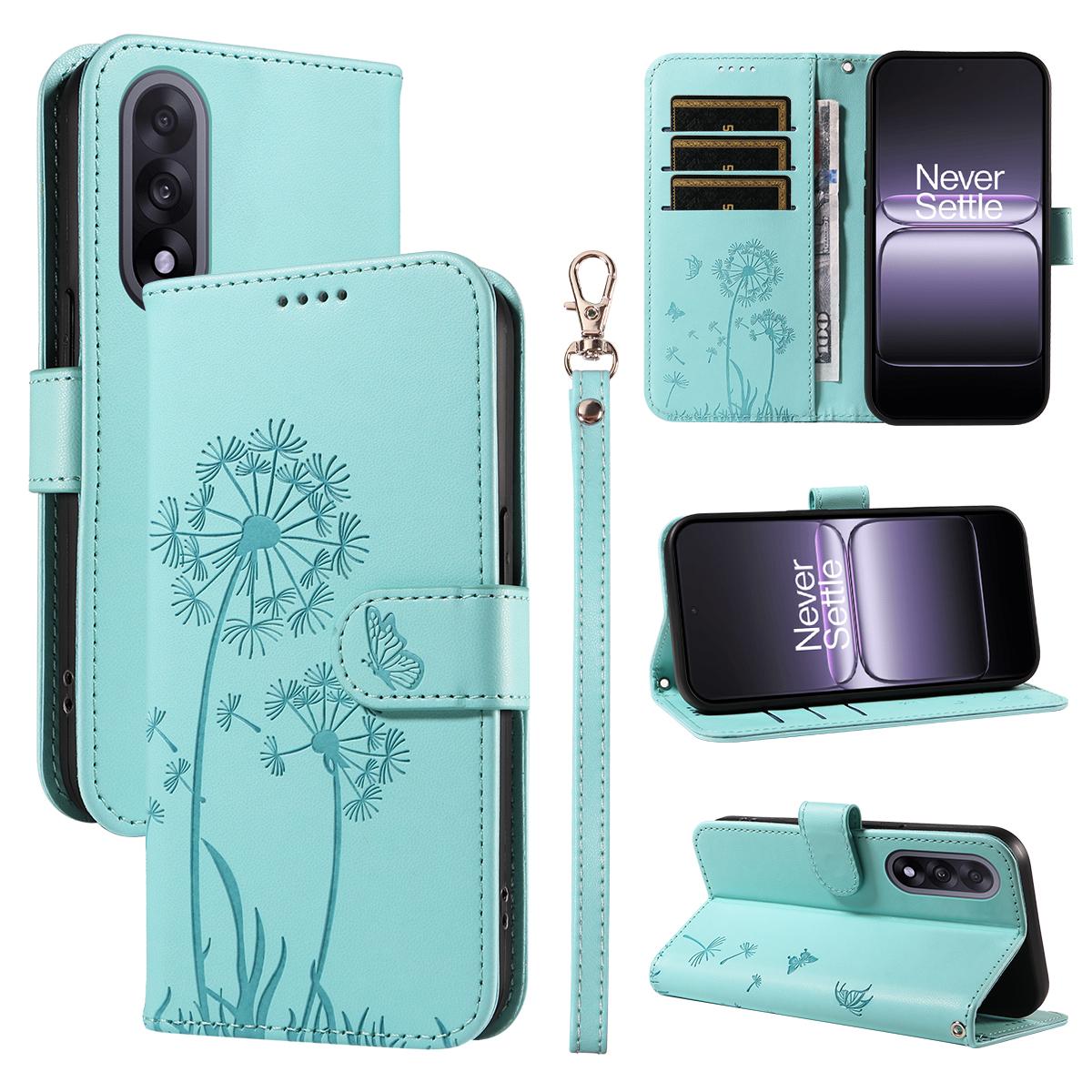 

For OnePlus Nord 5 5G/OnePlus Ace 5 Ultra 5G Leather Wallet Case with Strap Dandelion Imprint Phone Stand Cover Green