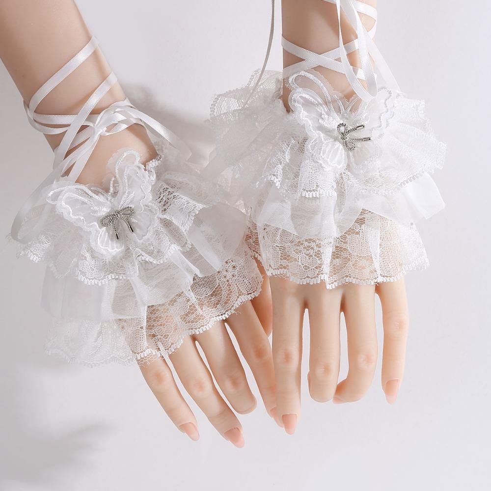 1Pair Black/White Fingerless Gloves Ruffled Design Elastic Lolita Gloves Floral Lace Bow Tie Sleeve