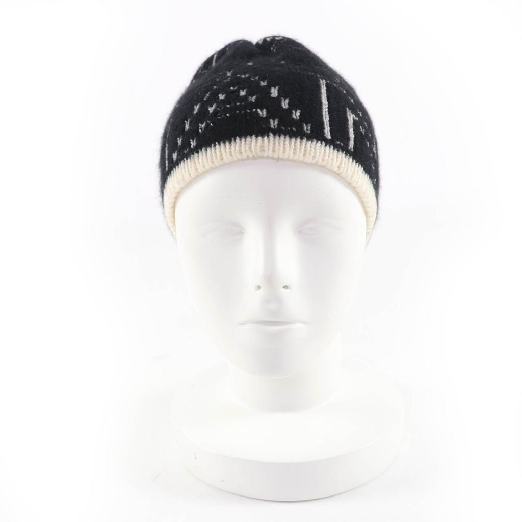 Great CHANEL Knit cap Silk blend all-over logo design beanie Black cashmere 21K Used