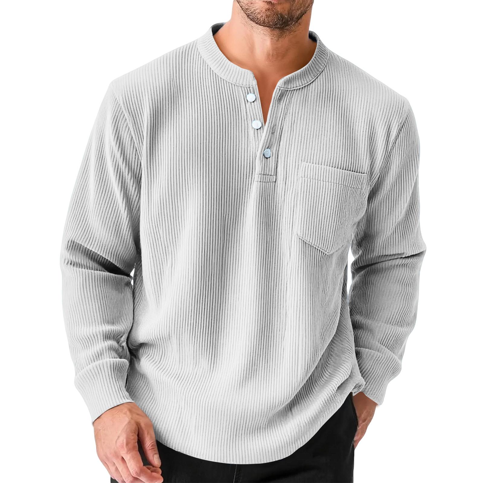 

Мужская однотонная вельветовая рубашка с длинным рукавом и воротником на трех пуговицах XL белый