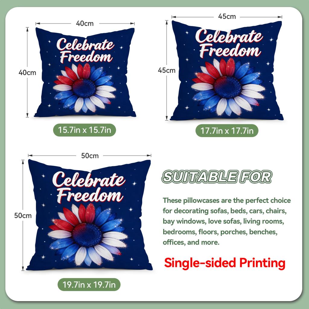 4 Pcs Independence Day Floral Bow Single-Sided Printed Pillowcase Cushion Cover,Suitable For Living Room,Bedroom,Car Decoration