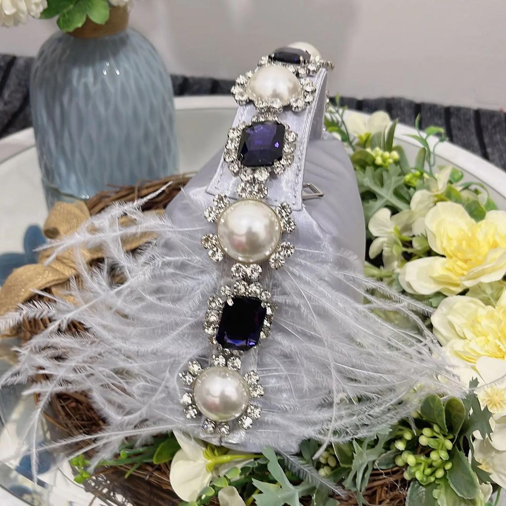 Diamonds Feather Women Handbags Luxury Pearls Party Evening Bags for Women  Designer Satin Square Clutch Wedding Purses Tote