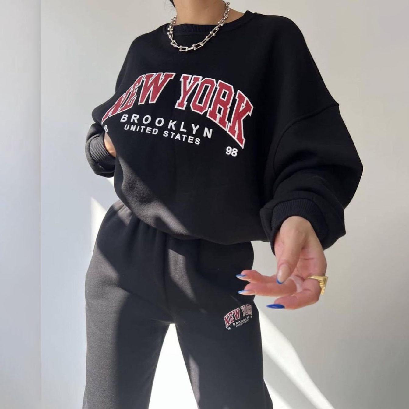 

Женский однотонный костюм с длинным рукавом и круглым вырезом, свободный топ, широкие брюки, осень-зима M чёрный