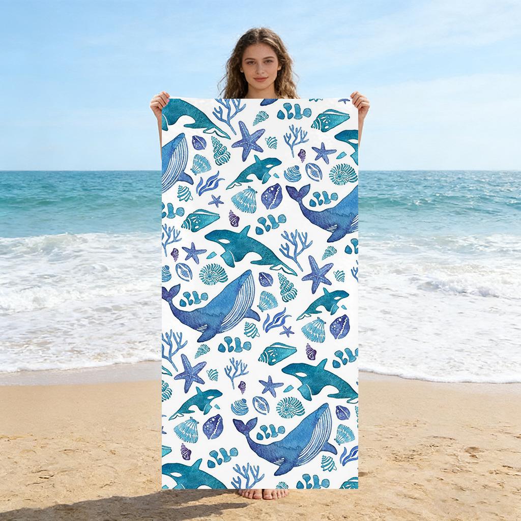 Watercolor Whale & Ocean Creature Beach Towel, Soft Microfiber Quick Dry Bath Towel, Sand-Free Large Towel for Summer Beach Pool W40*H60(CM)