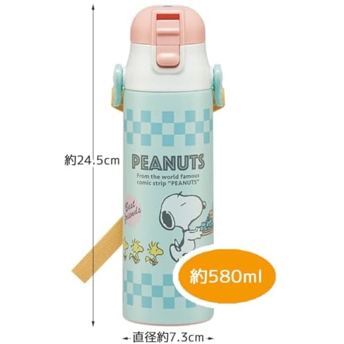 Skater Kids' Stainless Steel Water Bottle, 580ml, Direct Drinking, Snoopy 80s Cafe Design, Kid-Friendly, Lightweight, Insulated, Sports Bottle, Cute,