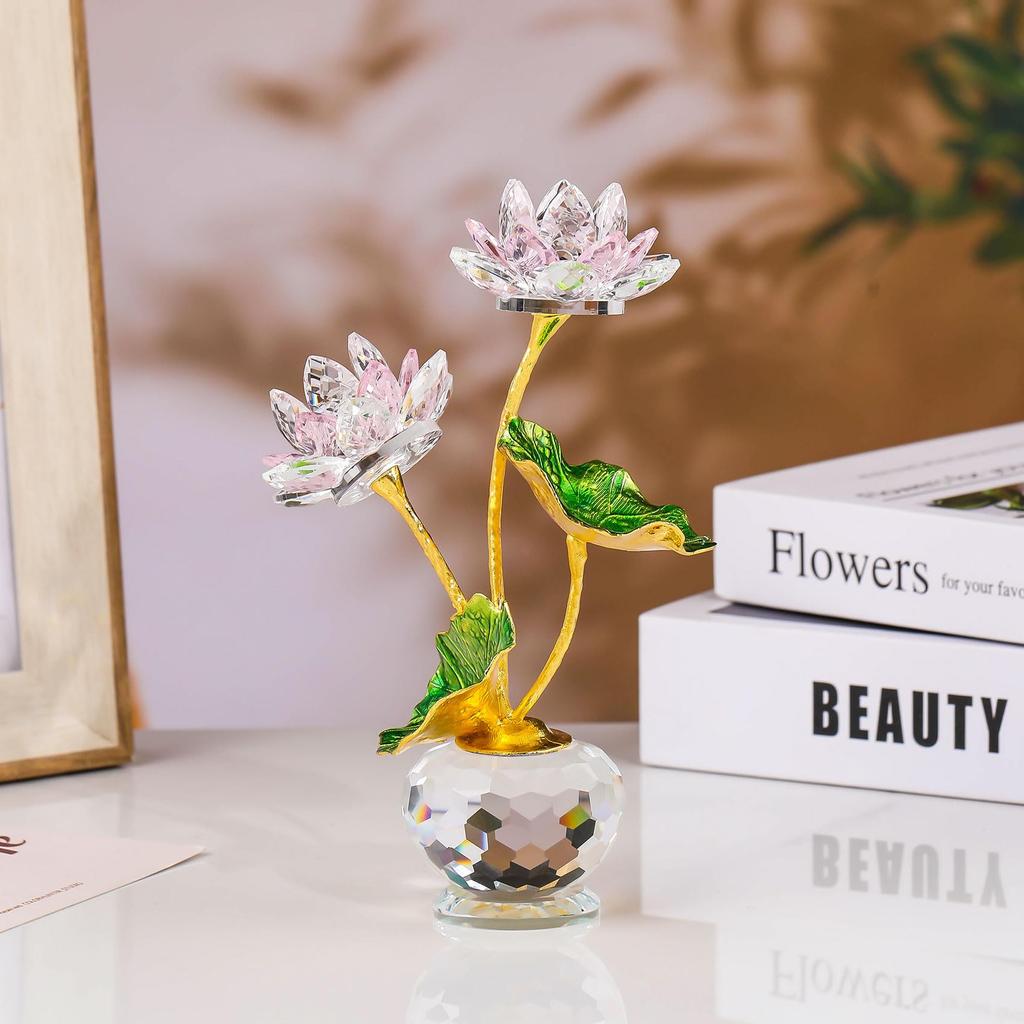 Kertari Crystal Lotus Artificial Flower Interior Ornament Lucky Charm K9 Crystal Glass Lotus Flower Metal Lotus Leaf Feng Shui Item Everlasting Flower