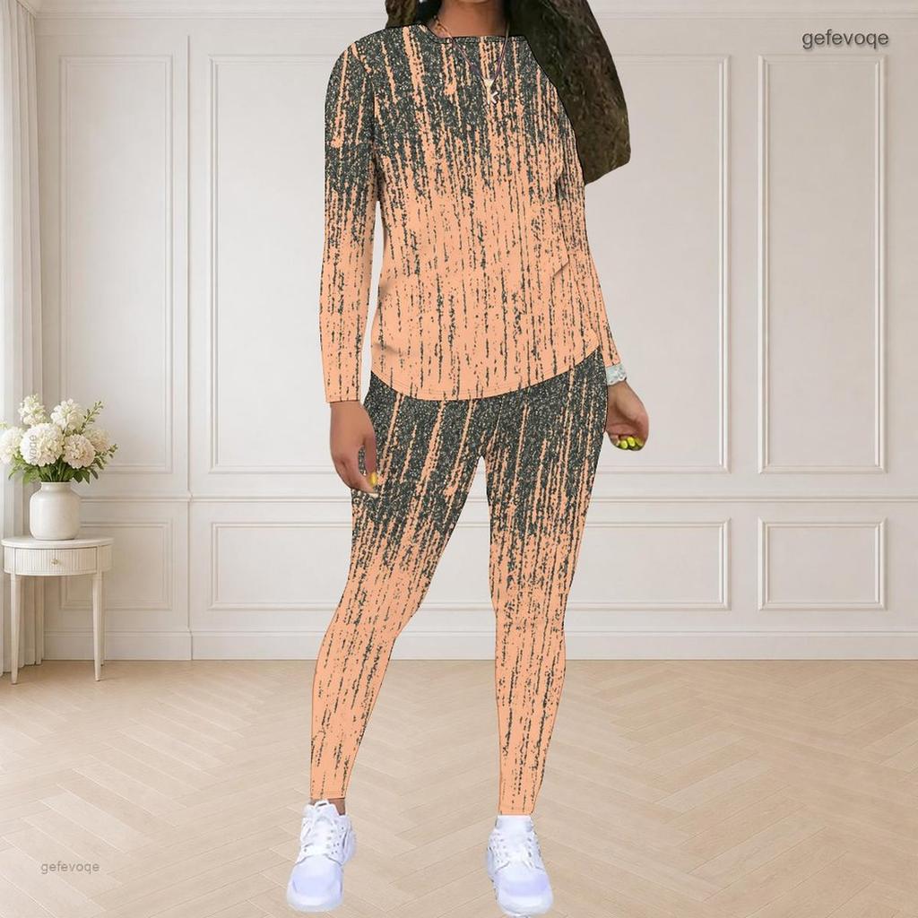 Women Plus Size Round Neck Long Sleeve Printed Blue Pink White Top And Fitted Pants Two Piece Set