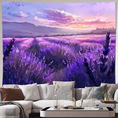 2D Lavender Flower Field Tapestry Oil Painting Sunset Purple Meadow Wall Decor Cloth for Home & Bedroom