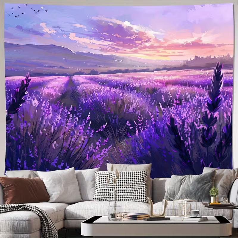 2D Lavender Flower Field Tapestry Oil Painting Sunset Purple Meadow Wall Decor Cloth for Home & Bedroom 47.2x31.5inch/120*80cm