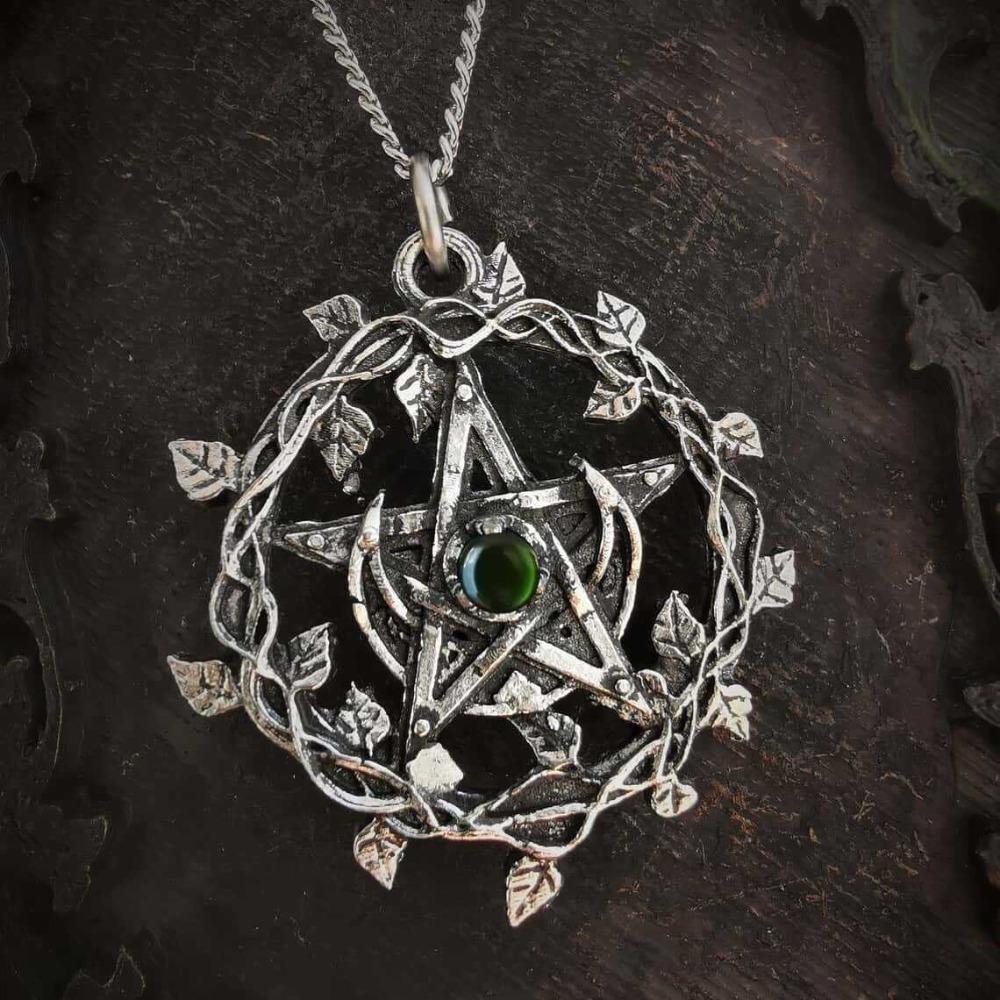 Retro Blatt-Girlande Mond Pentagramm Magischer Kreis Kristall Anhänger Halskette für Frauen Gothic Halloween Hexe Kultisten Schmuck Geschenke