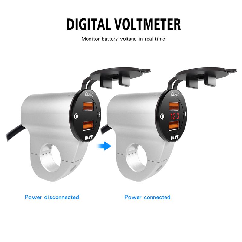 LMoDri 12V Motorcycle Waterproof Quick Charge QC3.0 Dual USB Fast Charger Power Adapter LED Voltmeter Switch for Phone