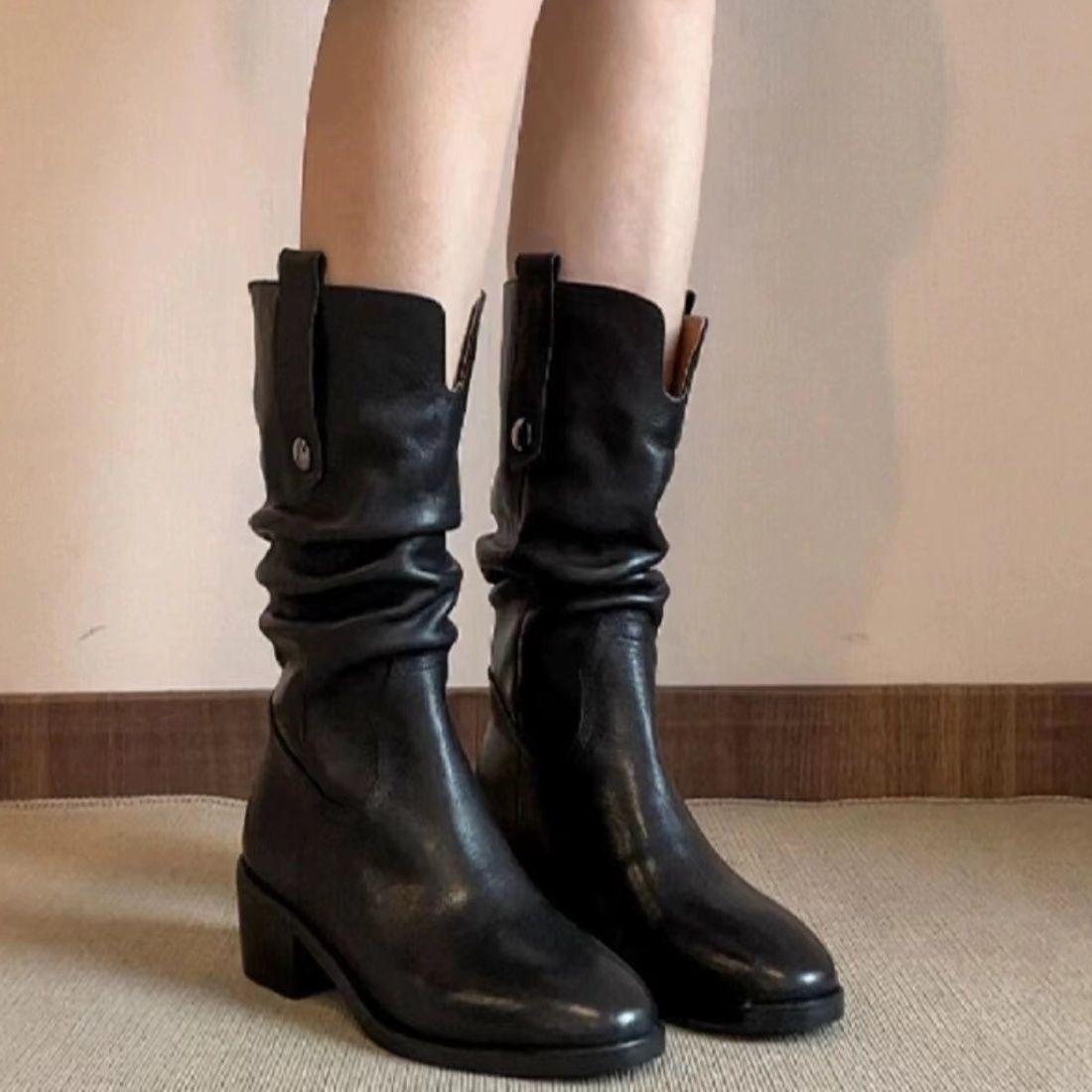 

Fashion Autumn Winter Fleece-Lined Leather Half High Boots for Women Elegant Heeled Round Toe Mid Calf Shoes Woman 2025 Novelty Footwear 35