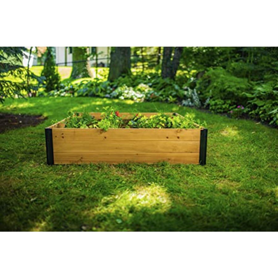 4 Foot x 4 Foot x 11 inch Cedar Wood Modular Garden Bed with Black Aluminum Posts FSC Woodgrain Golden Brown Pre-Stained