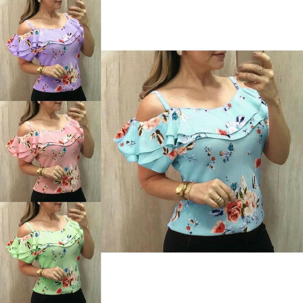 Floral Print Women Cold Shoulder Tops Summer Beach Tank Tops Vest Shirt Blouses