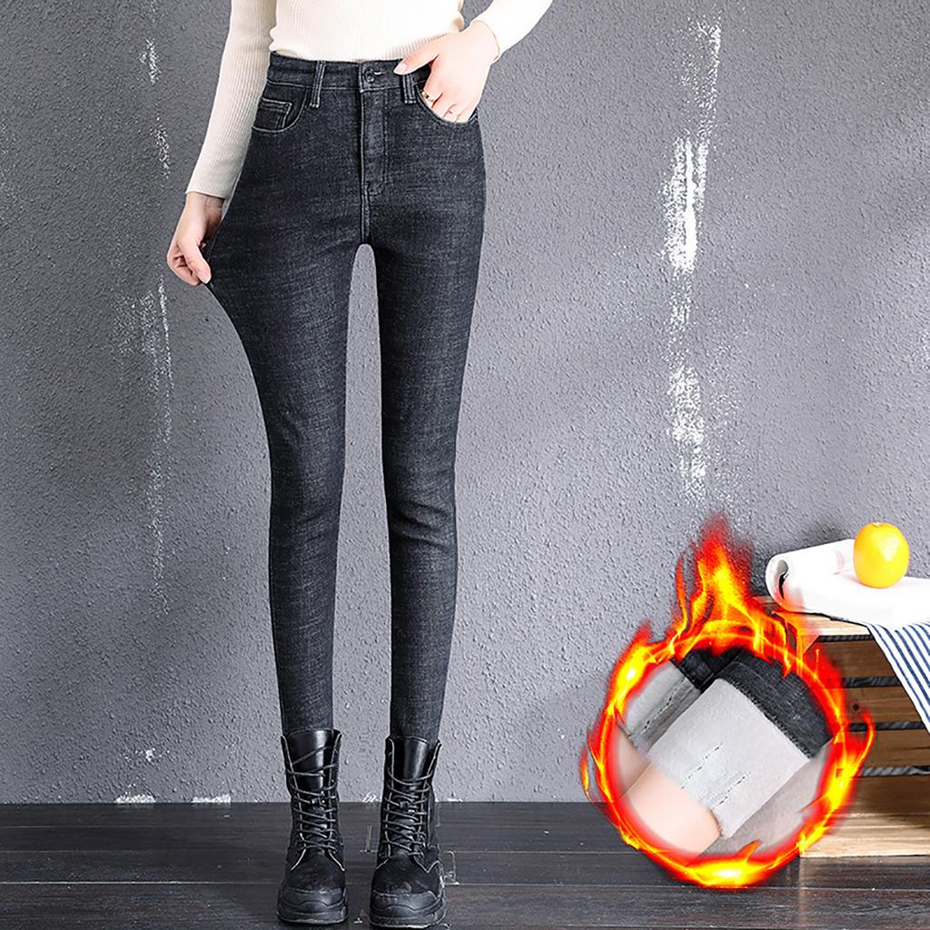 Women Fashion Soild Plush Jeans High Waist Thickened Tight Fitting Sweatpants Warm Casual Pants