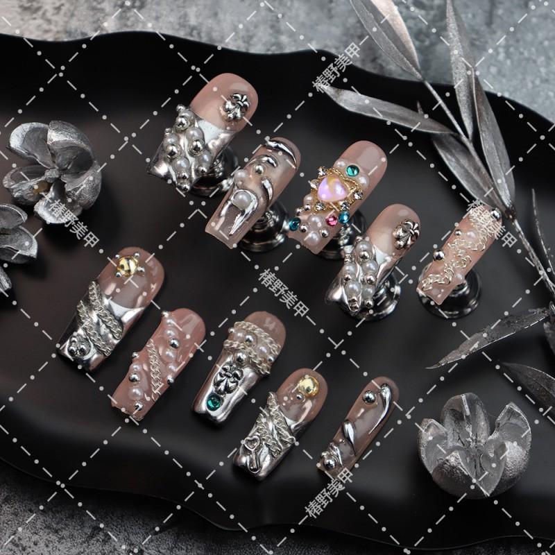 Cyberpunk Chic Press-On Nails With Pearl Crystal Embellishments Sheer Pink Base Handcrafted Acrylic Tips Women