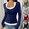 Women's Square Neck Long Sleeve Top Slim Fit Color Block Fake Two Piece Button Detail Sexy Casual Blouse