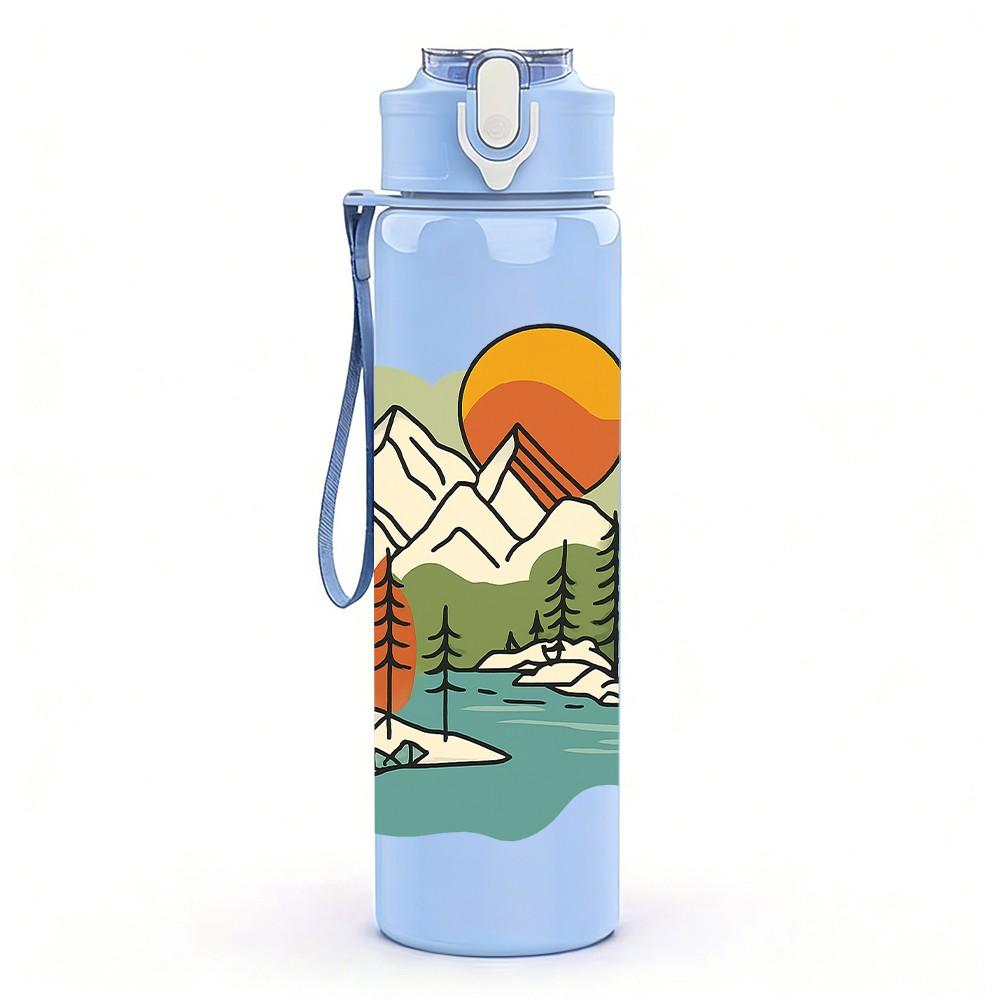 1PC Mountain Lake Retro Landscape Print 750ml Color Plastic Sports Water Bottle Leakproof Flip Straw Lid Suitable for Sports Office Home Use