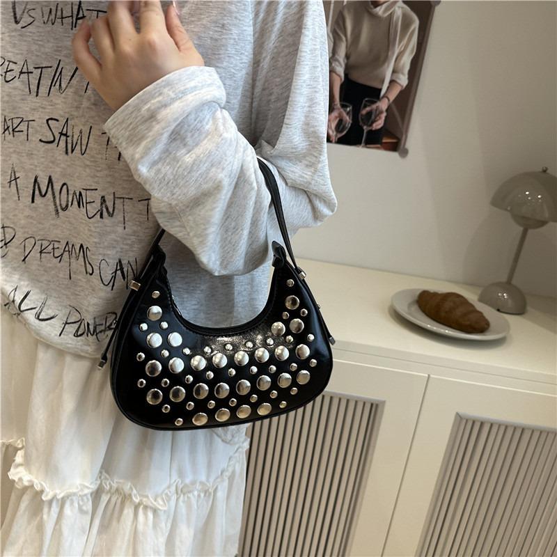 Crescent Pu Leather Bag High Quality Rivet Hobo Shoulder Bag Mini Handbag Adjustable Punk Bag For Dates Shopping Daily Use