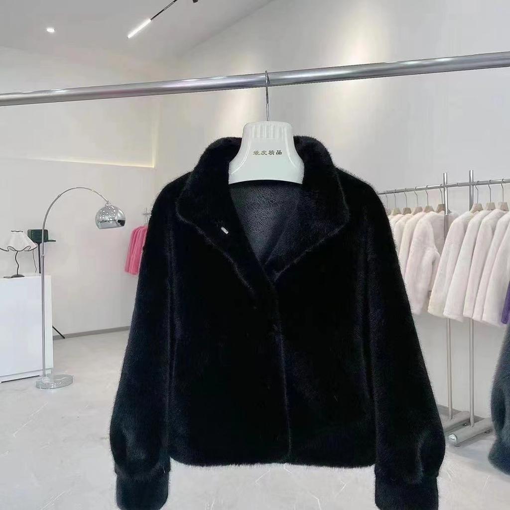 Gold mink imitation fur jacket loose stand-up collar women's wool sweater short warm spring autumn and winter three-season coat