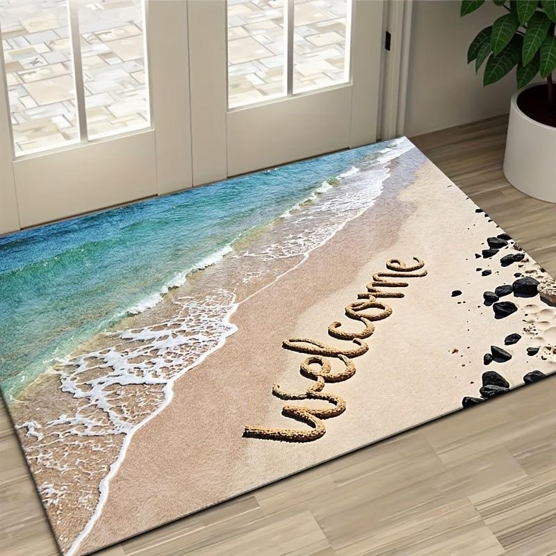 Beach Wave Welcome Mat, Realistic Ocean Sea Coast 2D Flat Printing Entryway Rug, Non-Slip Washable Floor Mat