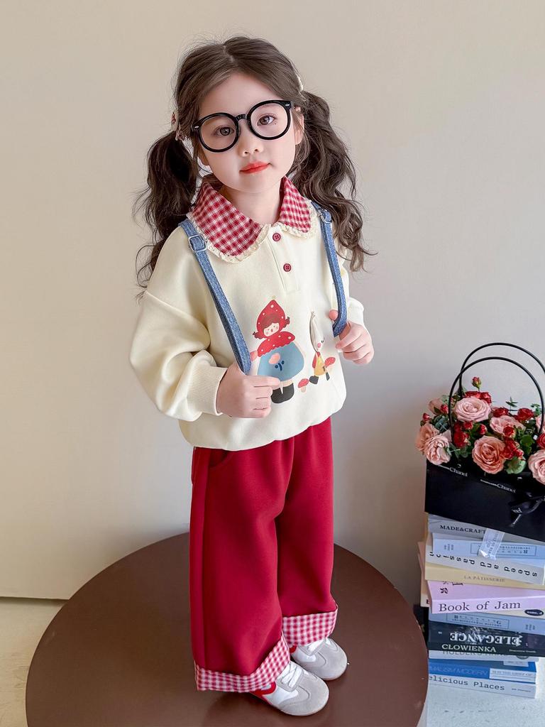 Girls' Cartoon Two-Piece Sweatshirt Set - 2025 Spring/Autumn Fashion, Fake Layered Style Casual Outfit