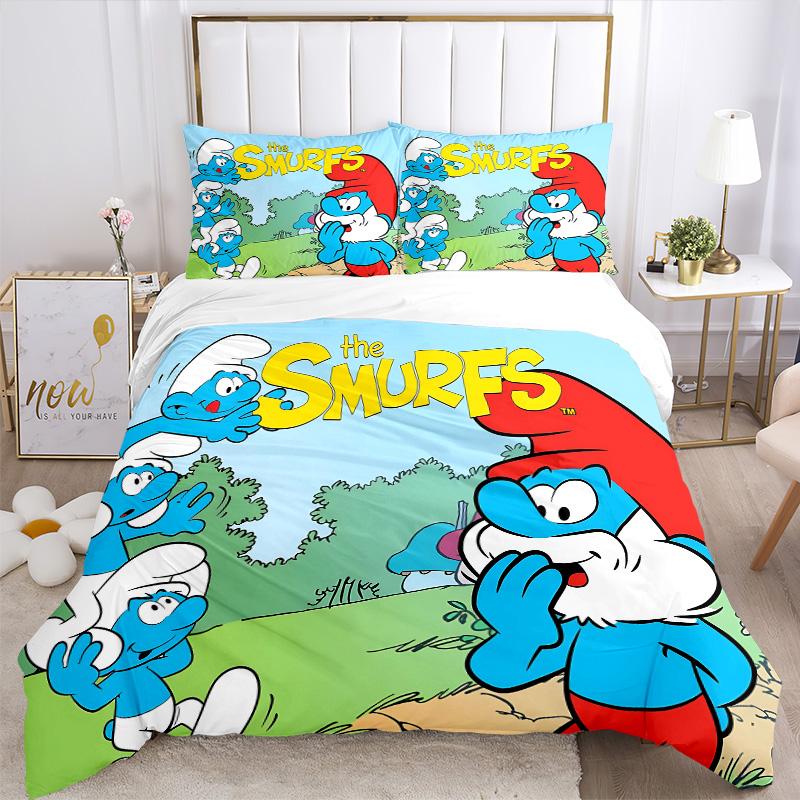 Smurfs Adventure Print 3Pcs Bedding Setduvet Cover With 2 Bedropillowcase Home Birthday Gift