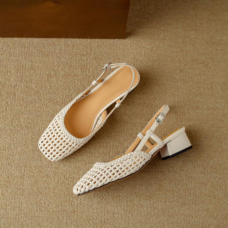 Fashion French Retro Woven Hollow Bag Head Sandals Women Summer New Gentle Back Strap Thick Heel Single Shoes