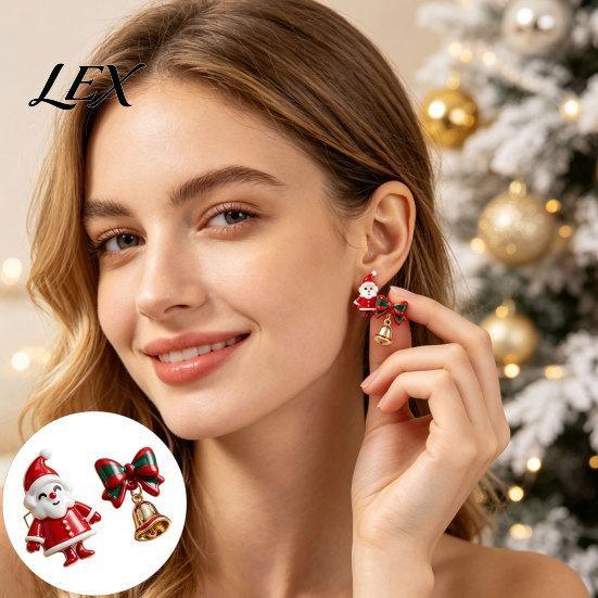 Oil Dripping Jewelry 1 Pair Christmas Earrings for Women, Santa Claus Jingle Bell Bow Asymmetrical Holiday Stud Earrings, Accessories Xmas Party,