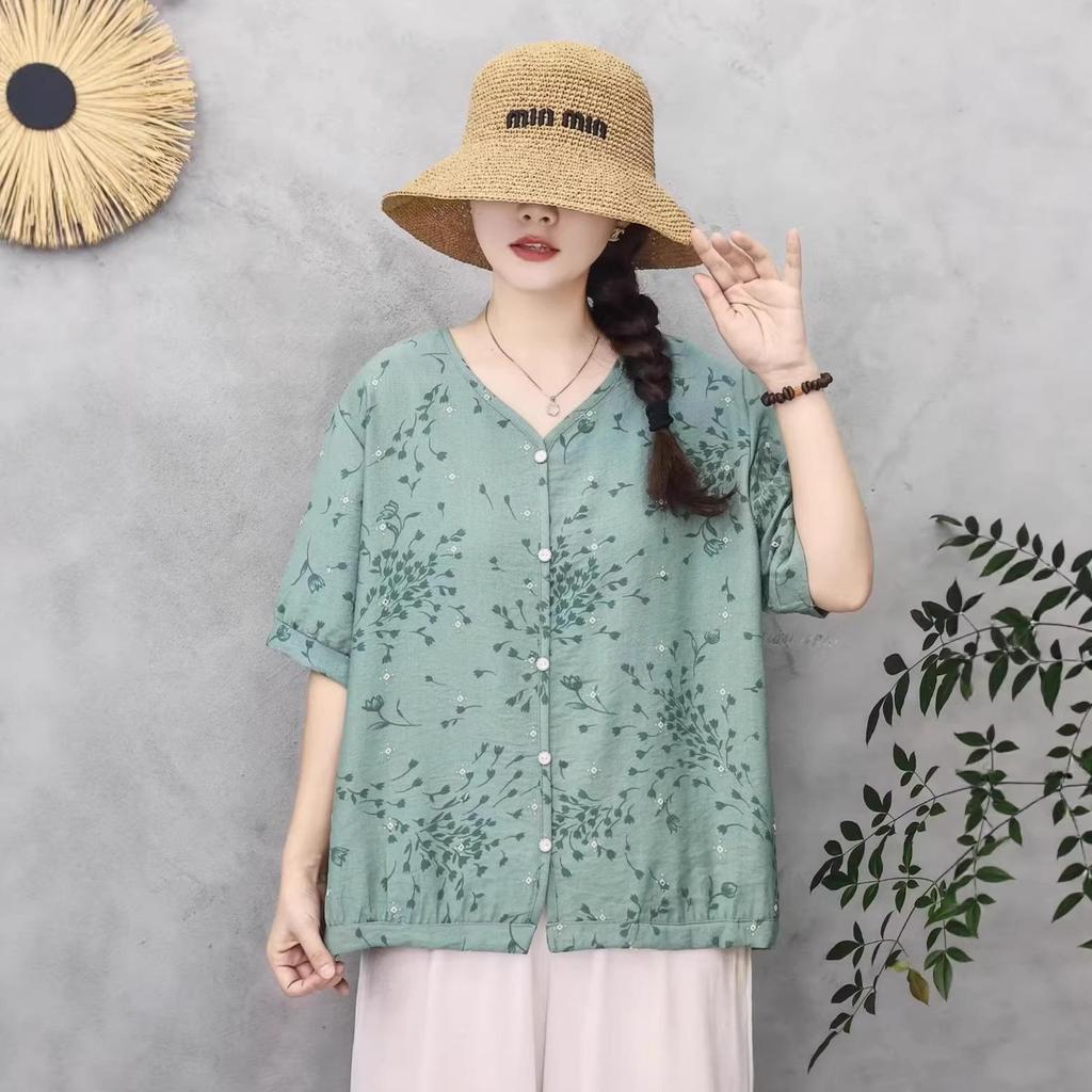 Women's Summer Tencel Linen Printed Short Sleeve Top - Loose Fit, Round Neck
