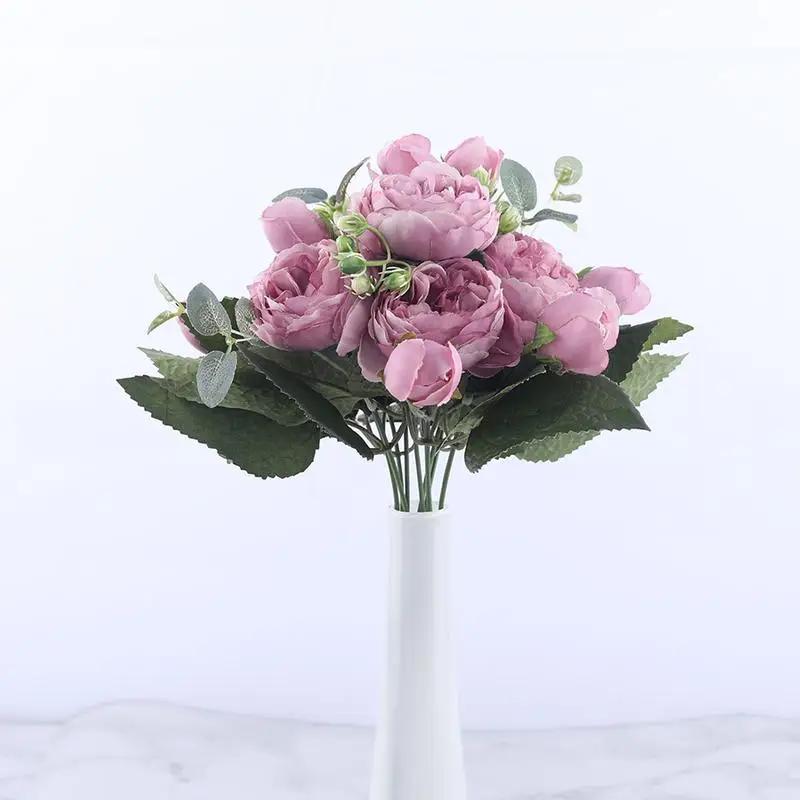 30cm Rose Pink Silk Peony Artificial Flowers Bouquet 5 Big Head Cheap Fake Wedding Decorate