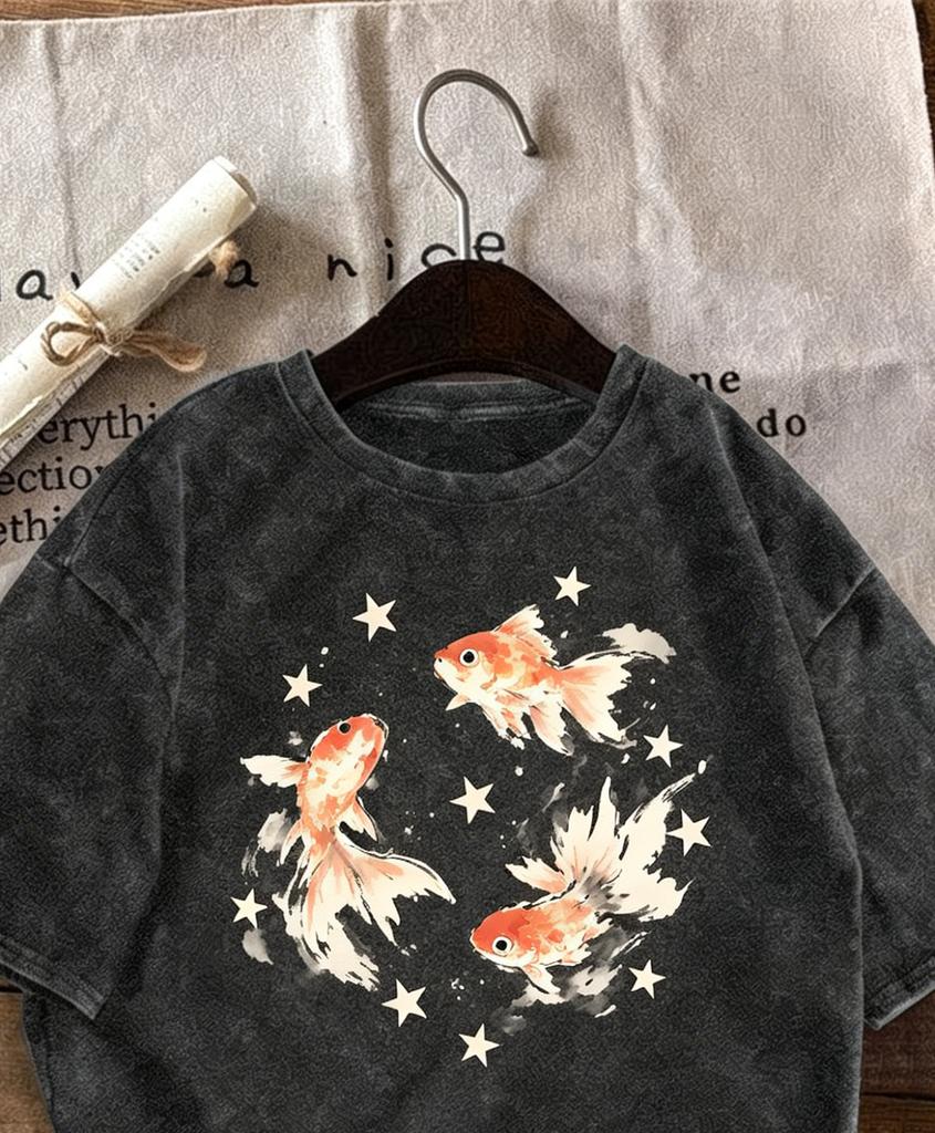 Vintage Washed Cotton TShirt Artistic Goldfish and Stars Graphic Tee Unique Retro Style Loose Fit Top for Men and Women