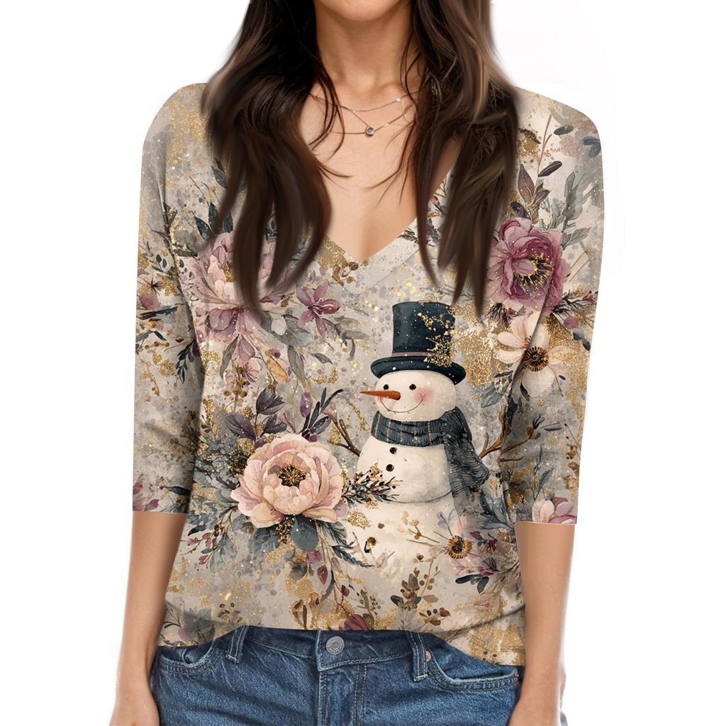 Women's Tops Three-quarter Sleeve Shirt V-neck Loose Casual Shirt Print T-shirt