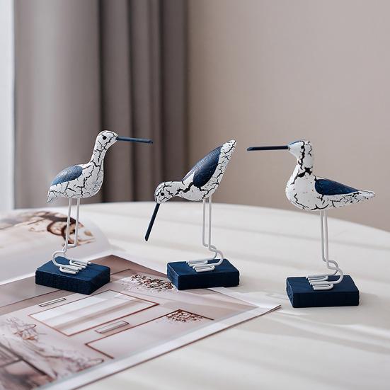 Wooden Seabird Figurine Ornament Desktop Decor with Stable Base Retro Distressed Blue White Coastal Style for Bedroom Living Room Study