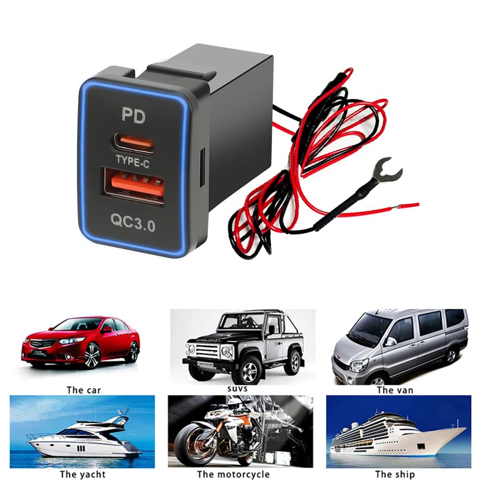 For Toyota QC PD 3.0 USB Car Charger Adapter Socket DC 12V-24V Mobile Phone Charger Adapter Fast Charging with LED Light