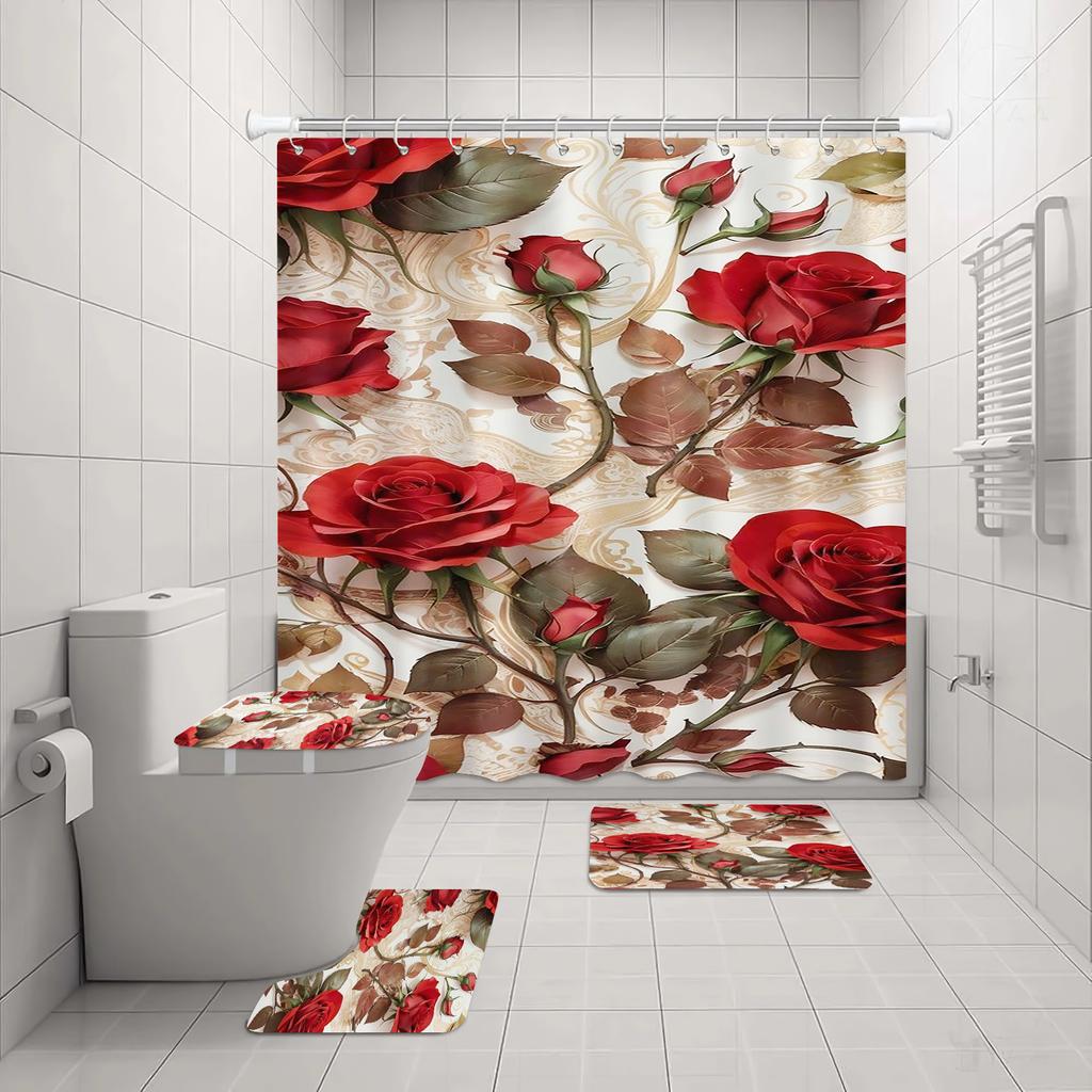 Rose Shower Curtain Love Couple Bath 4 Pcs Set Cute Cartoon Luxury Accessories Sets Full Mats Gifts for Boys Girls