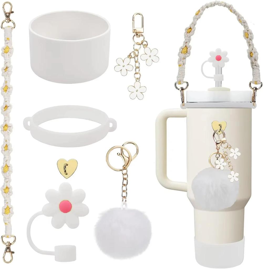 Set di 7/8 Pezzi di Accessori per Tazze per Stanley Cup Inclusi Manico Cinturino Base in Silicone per Tazza Copri Cannuccia Ciondoli per Bicchiere da 40oz 30oz