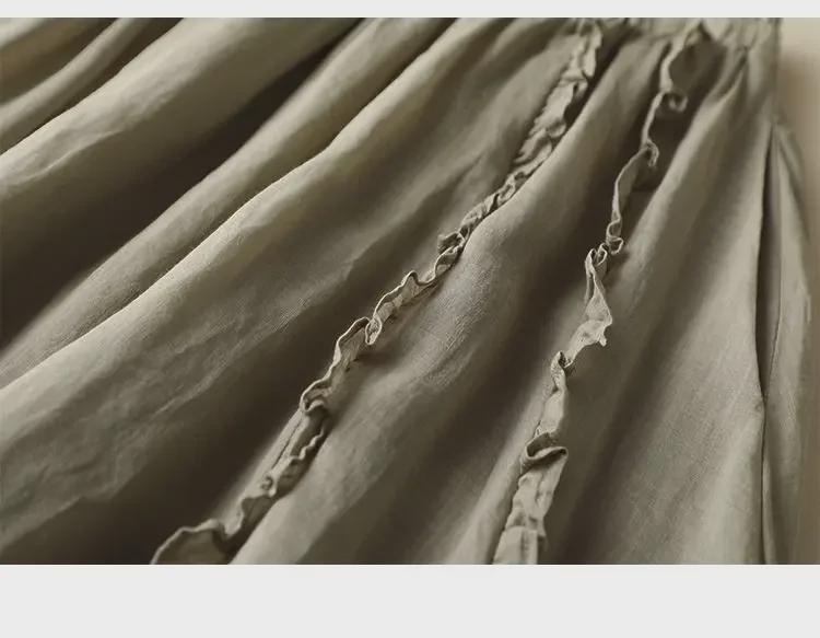 Jupe trapèze taille haute tendance en coton et lin: Mi-long avec bords volantés pour une coupe drapée et amincissante.