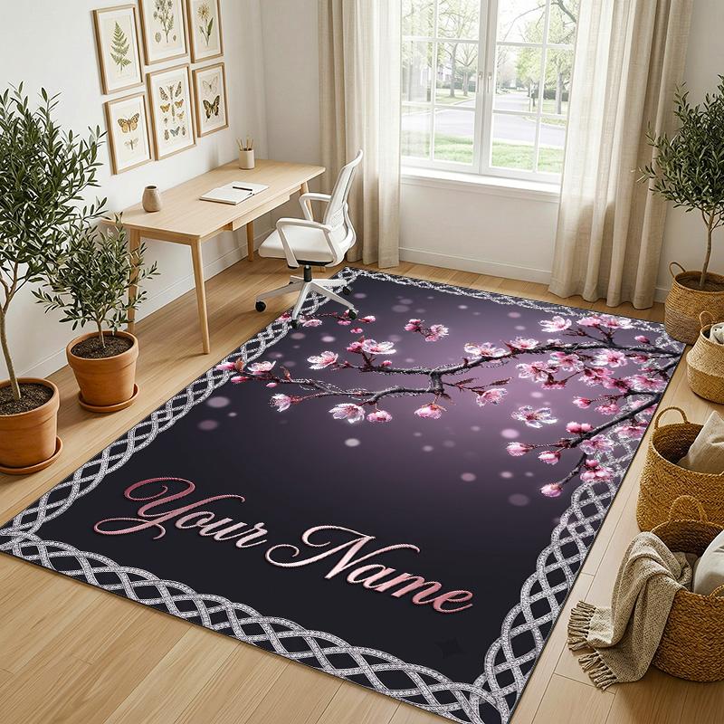 Floral Garden Theme Crystal Velvet Rug Personalized Custom Name Text Soft Floor Mat Home Decor