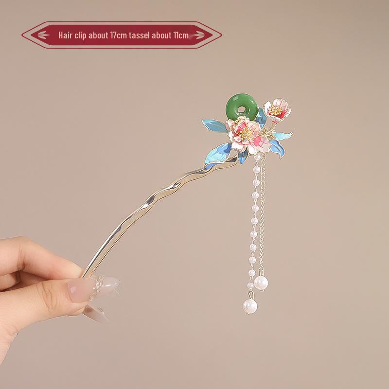 Elegant Red Rose Tassel Hairpin - U-shaped Hair Accessory for Women, Perfect for Updos and Traditional Attire.