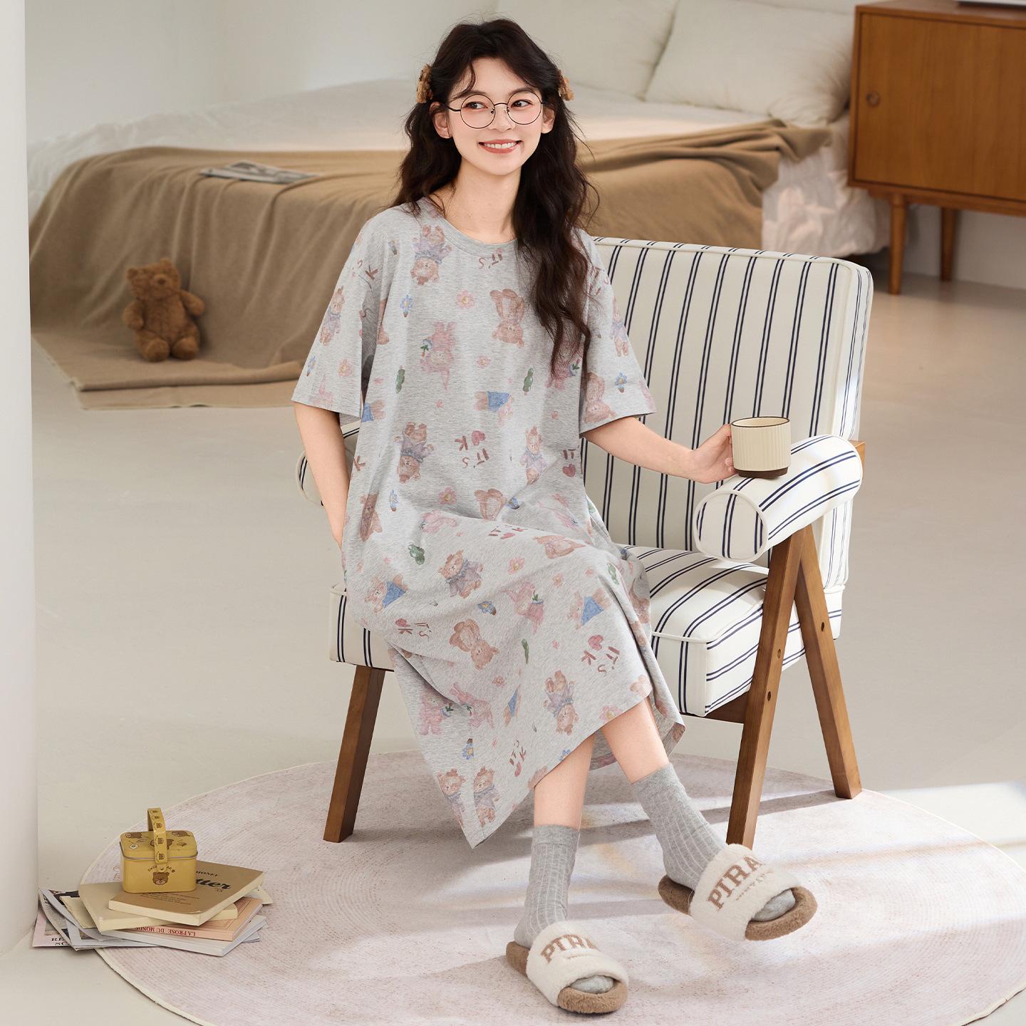

7A Women s Antibacterial Plus Size Cotton Nightgown: Summer Thin, Cooling, Pure Cotton, Round Neck, Short Sleeve, Long, Casual Homewear. M for 40-50 kg