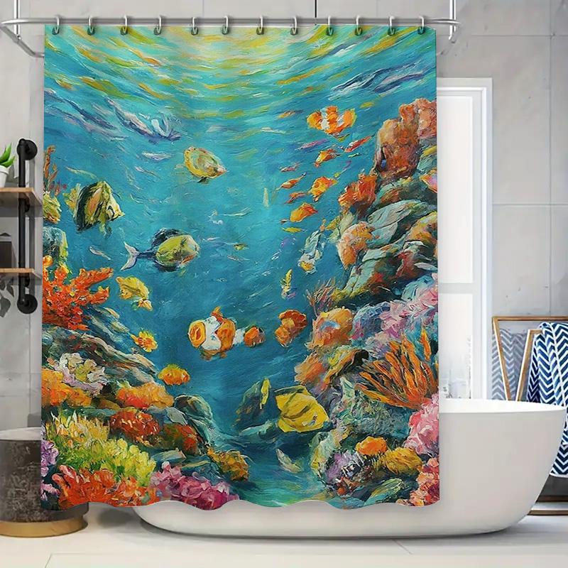 Cena Subaquática Colorida Artística Moderna Cortina de Chuveiro Impermeável Para Decoração de Banheiro Estilosa, Fácil Instalação