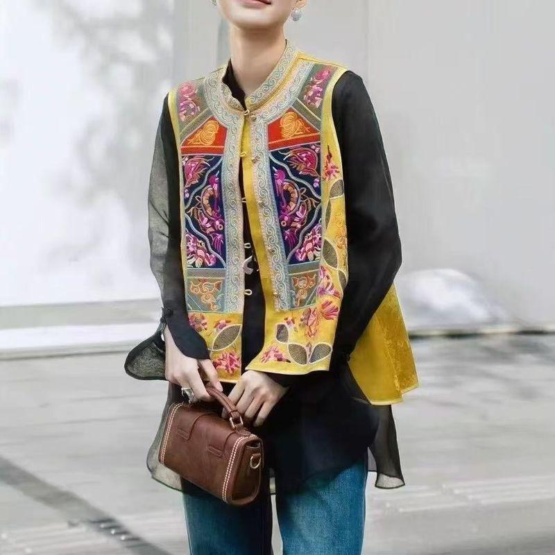 

Chinese Geometric Embroidery Flower Stand Collar Patchwork Irregular Color Embroidered Vest Ethnic Style Women Four Seasons Wearable Outerwear Flower color 3XL