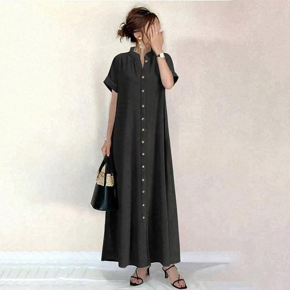 [YUANYUAN] Women's Shirt Dress, Summer Dress, Short Sleeve, Long Length, Single Front Button, Stand Collar, Plain, Casual, Relaxed Fit, Figure-Flatter