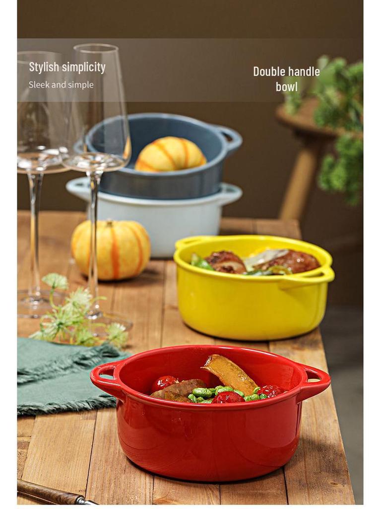 Ceramic Double-Ear Baking Bowl with Lid (400-600ml) - Anti-Scald Soup, Egg, Pudding, Stew Pot